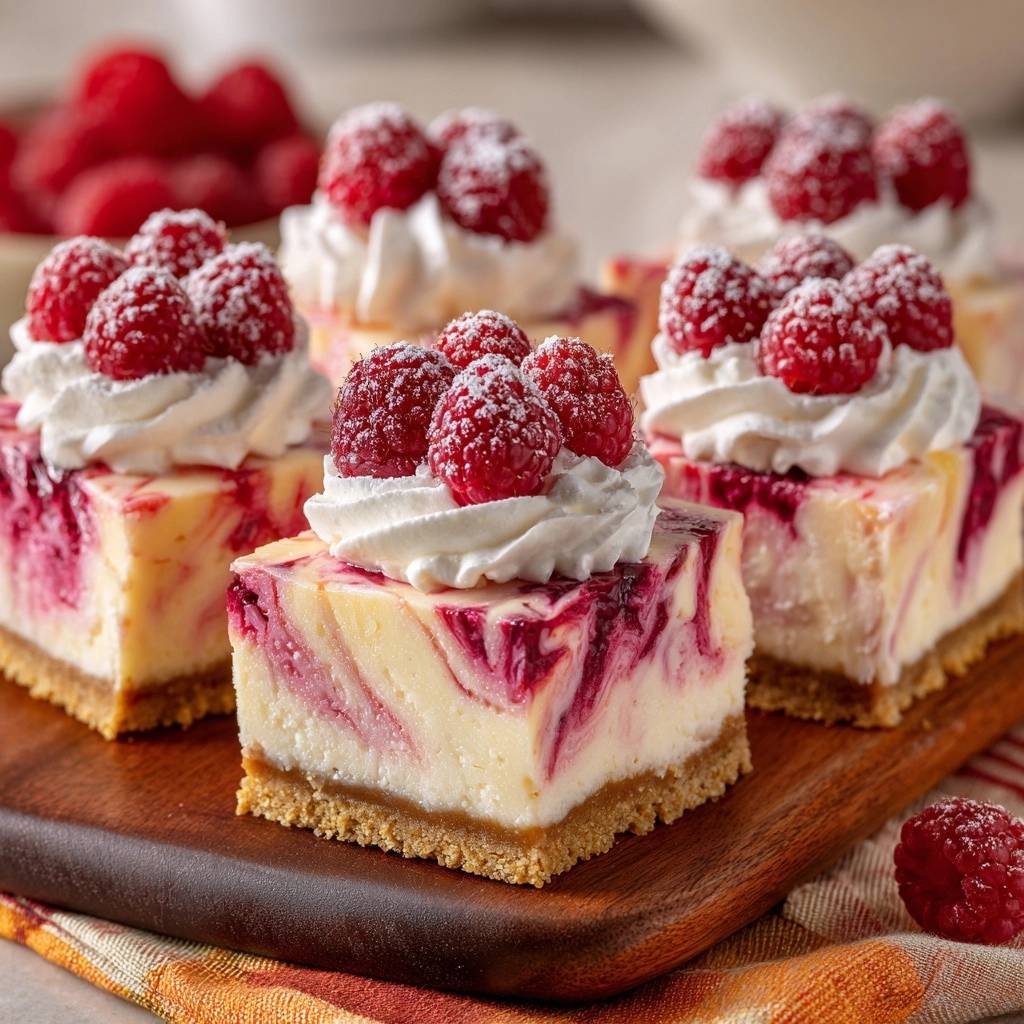 Raspberry swirl cheesecake bars with fresh raspberries and whipped topping, presented as a close-up on a wooden board.