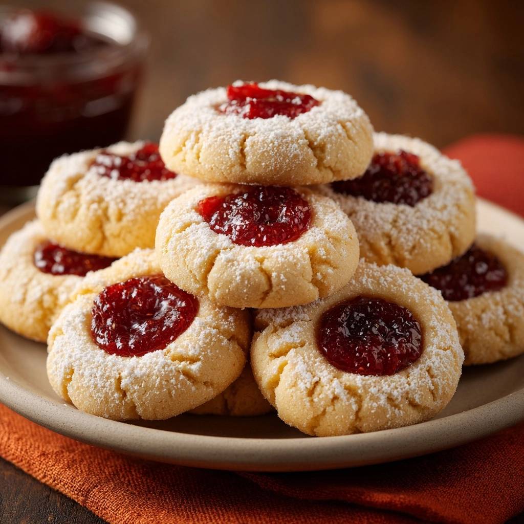 Raspberry thumbprint cookies with no-leak jam, generously dusted with powdered sugar, piled on a plate.