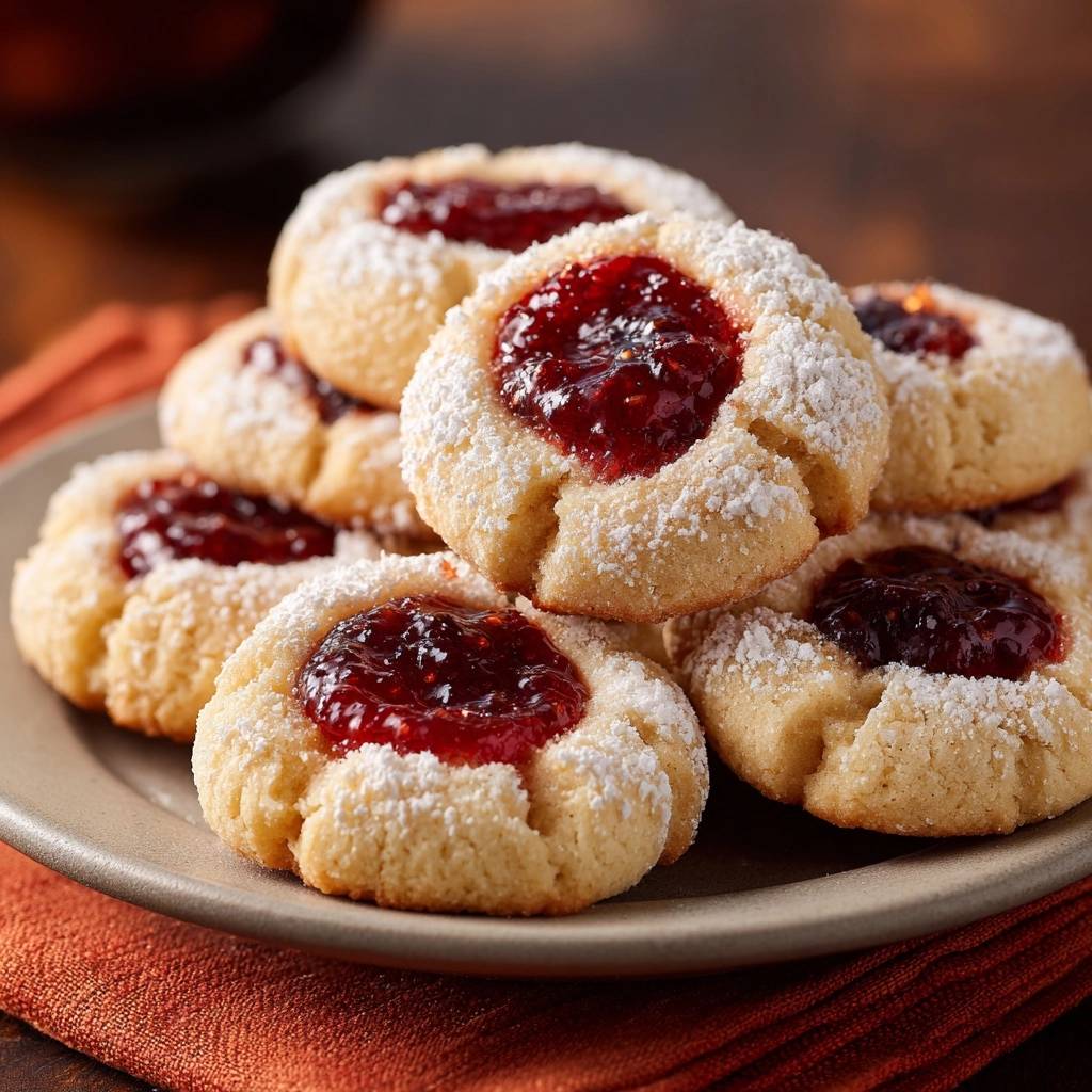 Raspberry thumbprint cookies with no-leak jam, artfully stacked on a plate and dusted with powdered sugar.