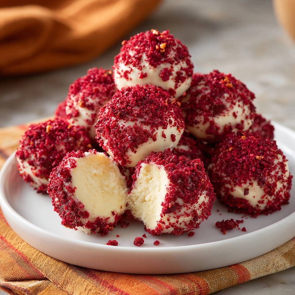Crunchy red chili white chocolate truffles recipe shown with a close-up cross-section revealing the creamy interior.