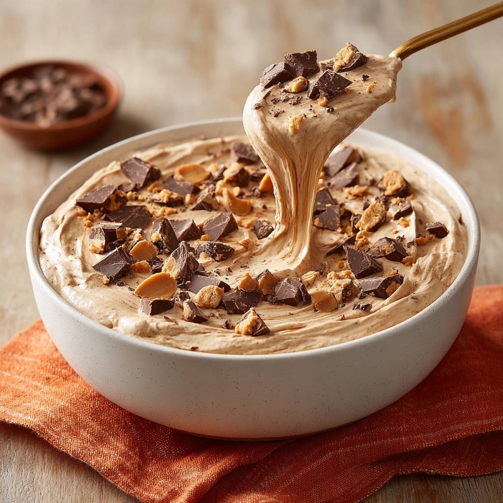 Reese’s Loaded Peanut Butter Dip: Spoonful being lifted, showing creamy texture and chocolate chunks.