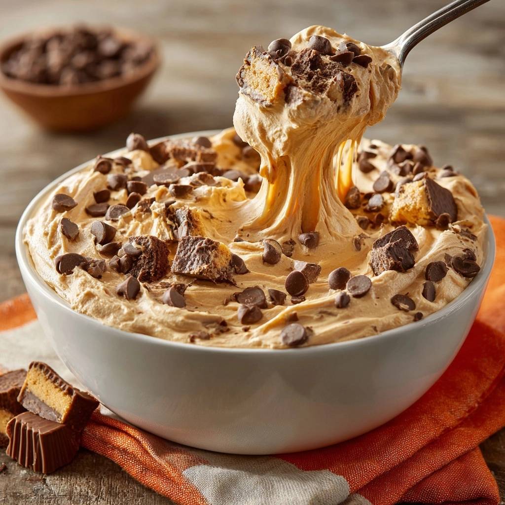 Reese's Loaded Peanut Butter Dip shown with a spoonful being scooped out, revealing its creamy texture and chunks.