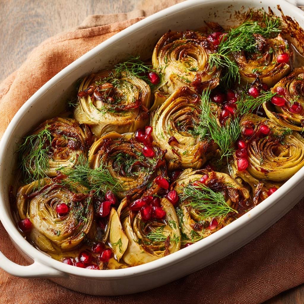 Roasted fennel roses with dill and pomegranate seeds, beautifully garnished in a white baking dish.