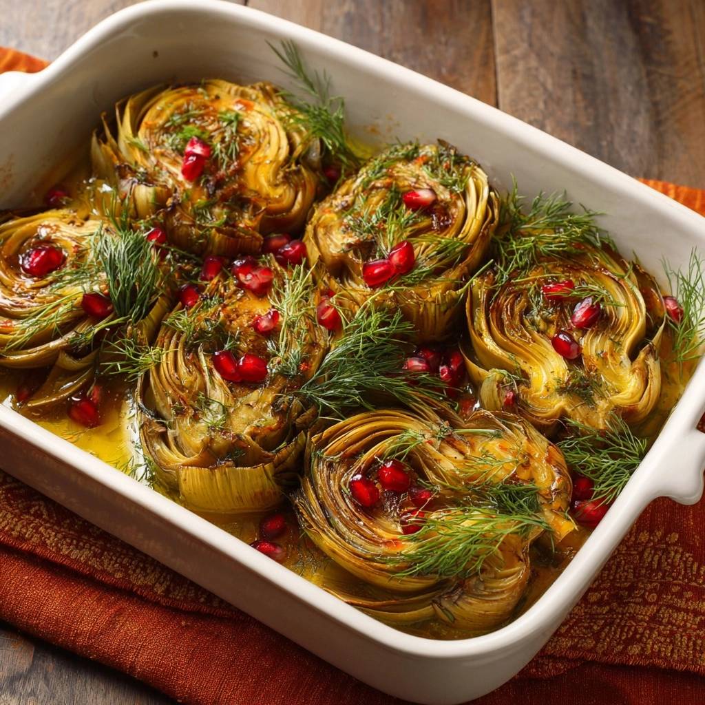 Roasted fennel roses with dill and pomegranate seeds glistening in a white baking dish.