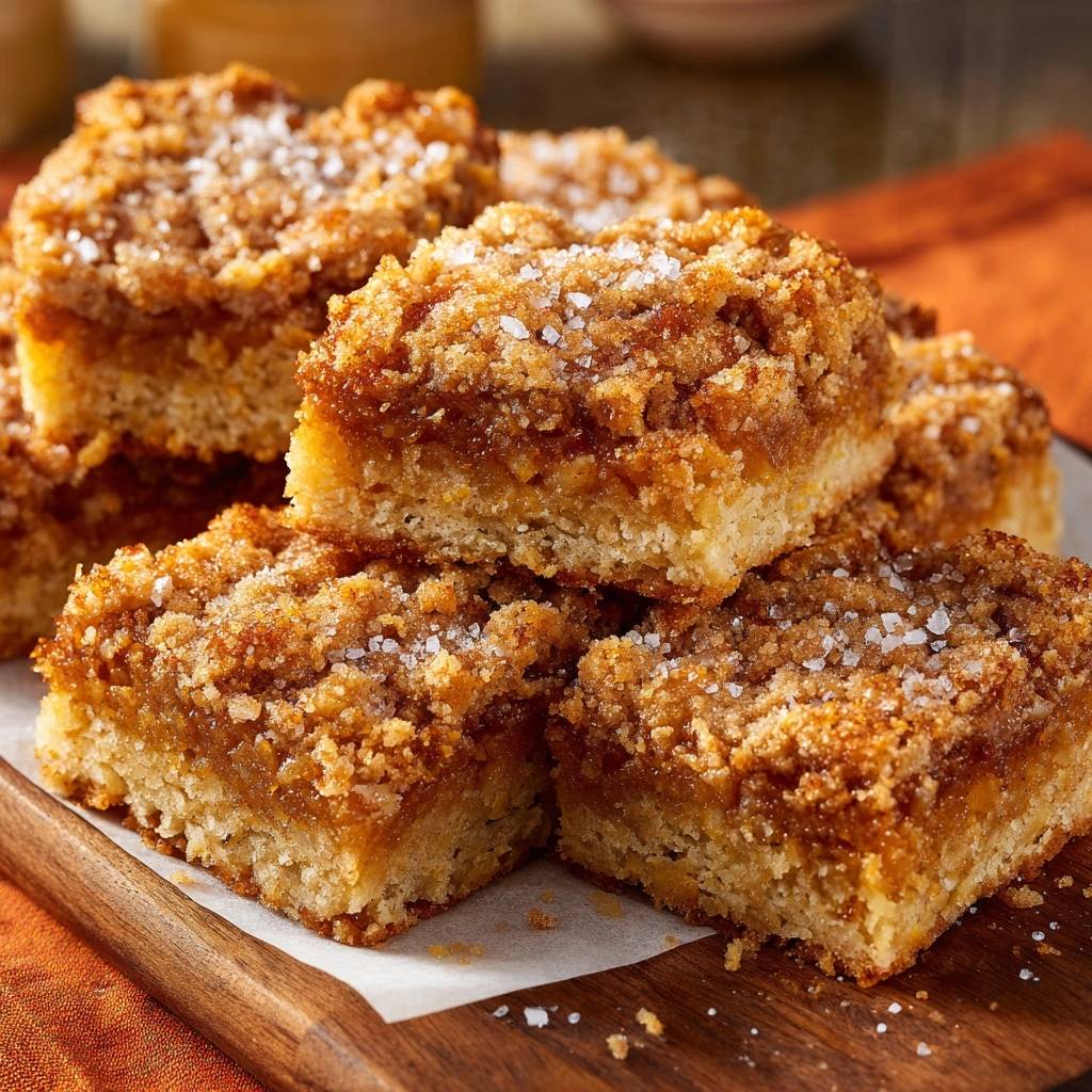 Salted apple crumble bars with a crispy bottom, shown here stacked and in a close-up view.