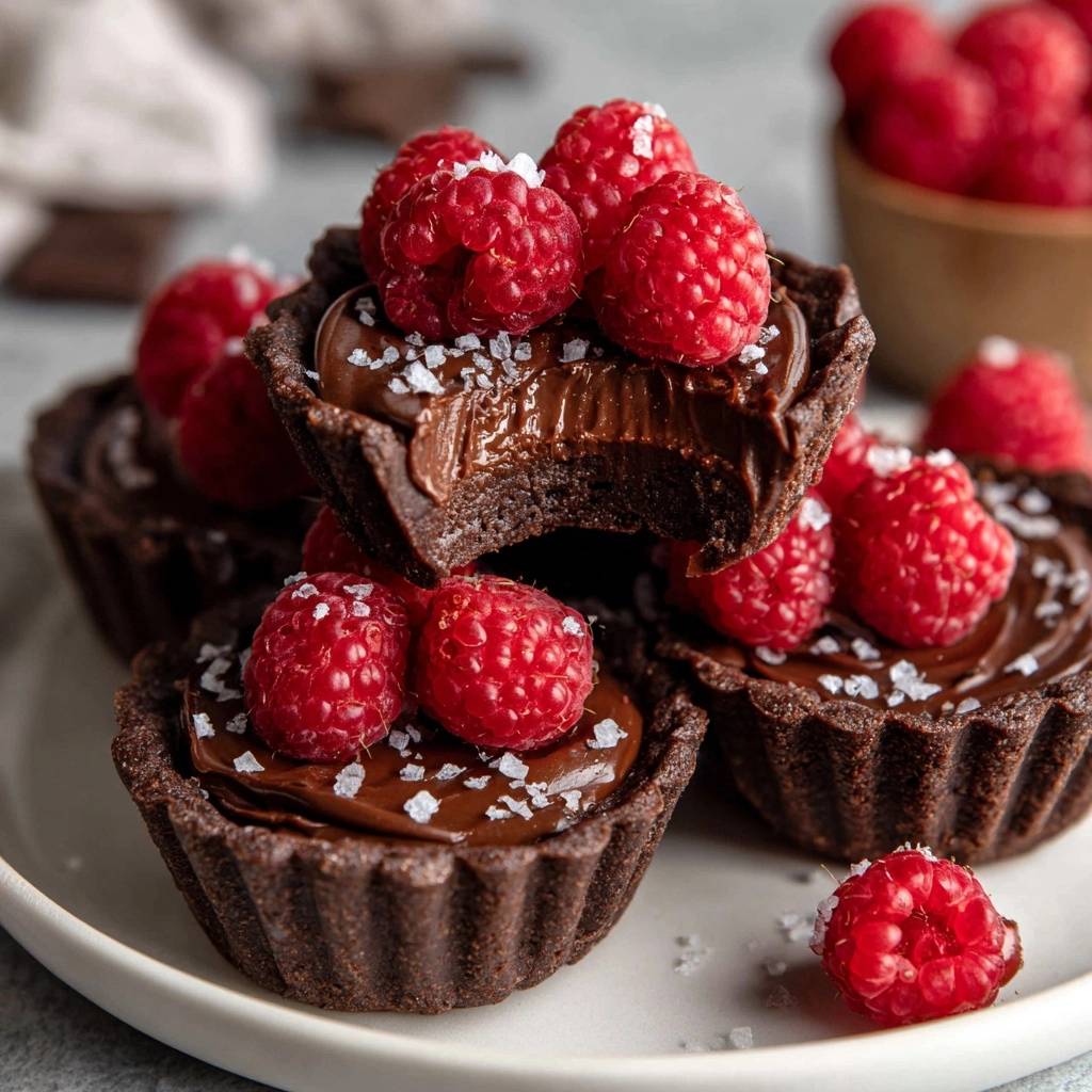 Salted chocolate raspberry ganache tartlets are stacked and shown in a close-up view with a bite taken out of one.