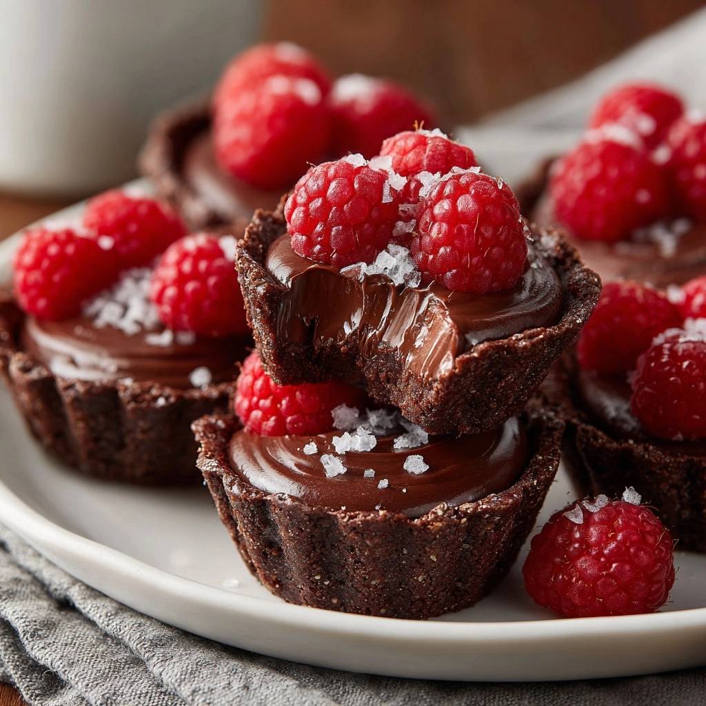Salted chocolate raspberry ganache tartlets stacked, with a bite taken out of the top one, showing the rich ganache filling.