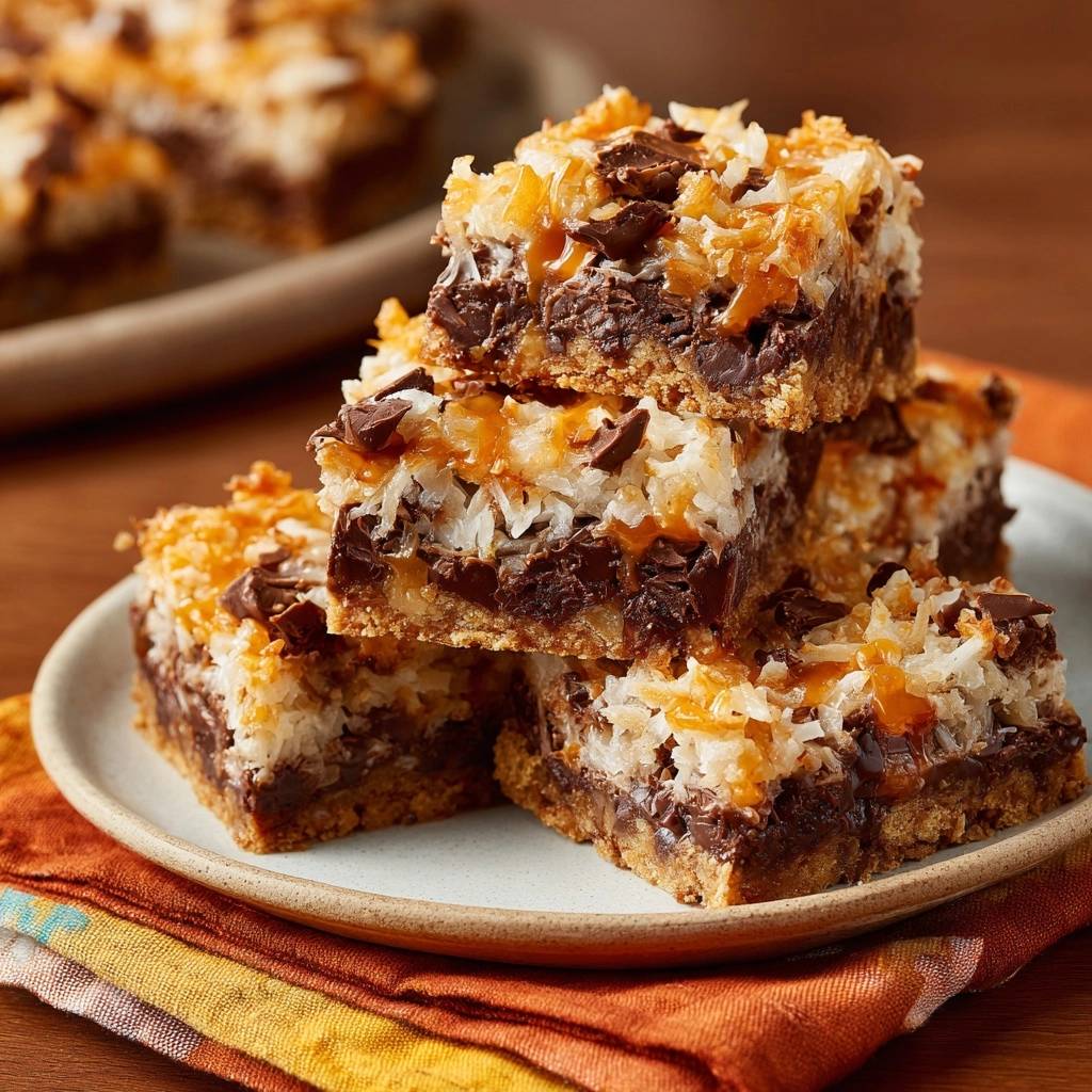 Samoa bars, a stack of chocolate and toasted coconut squares drizzled with caramel, presented on a plate.