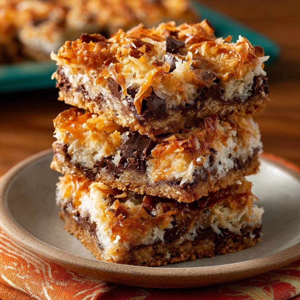 Samoa bars with a close-up cross-section showing layers of crust, chocolate, coconut, and caramel topping.