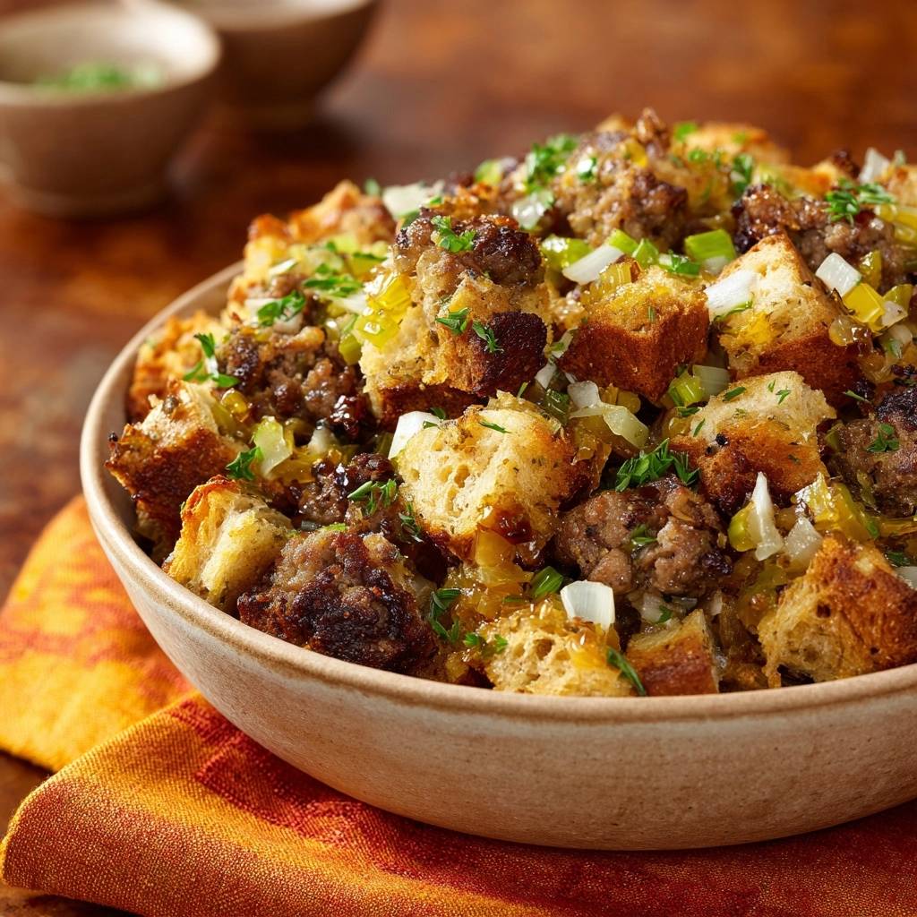 Savory sausage stuffing in a bowl, showcasing the texture of bread cubes, sausage, and herbs.