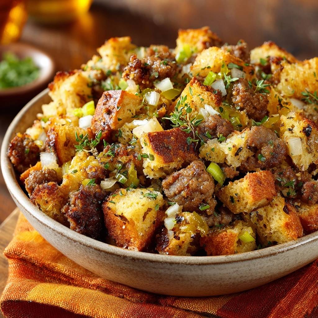 Savory sausage stuffing is served in a rustic bowl, showcasing a close-up view of the moist bread, sausage, and herbs.