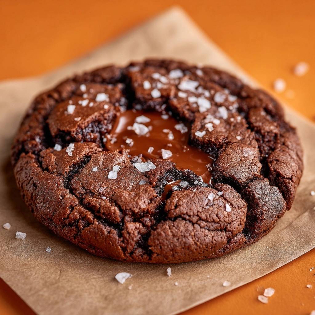Sea Salt Caramel Stuffed Chocolate Cookies featuring a close-up view of the gooey, molten caramel center with flaky sea salt.