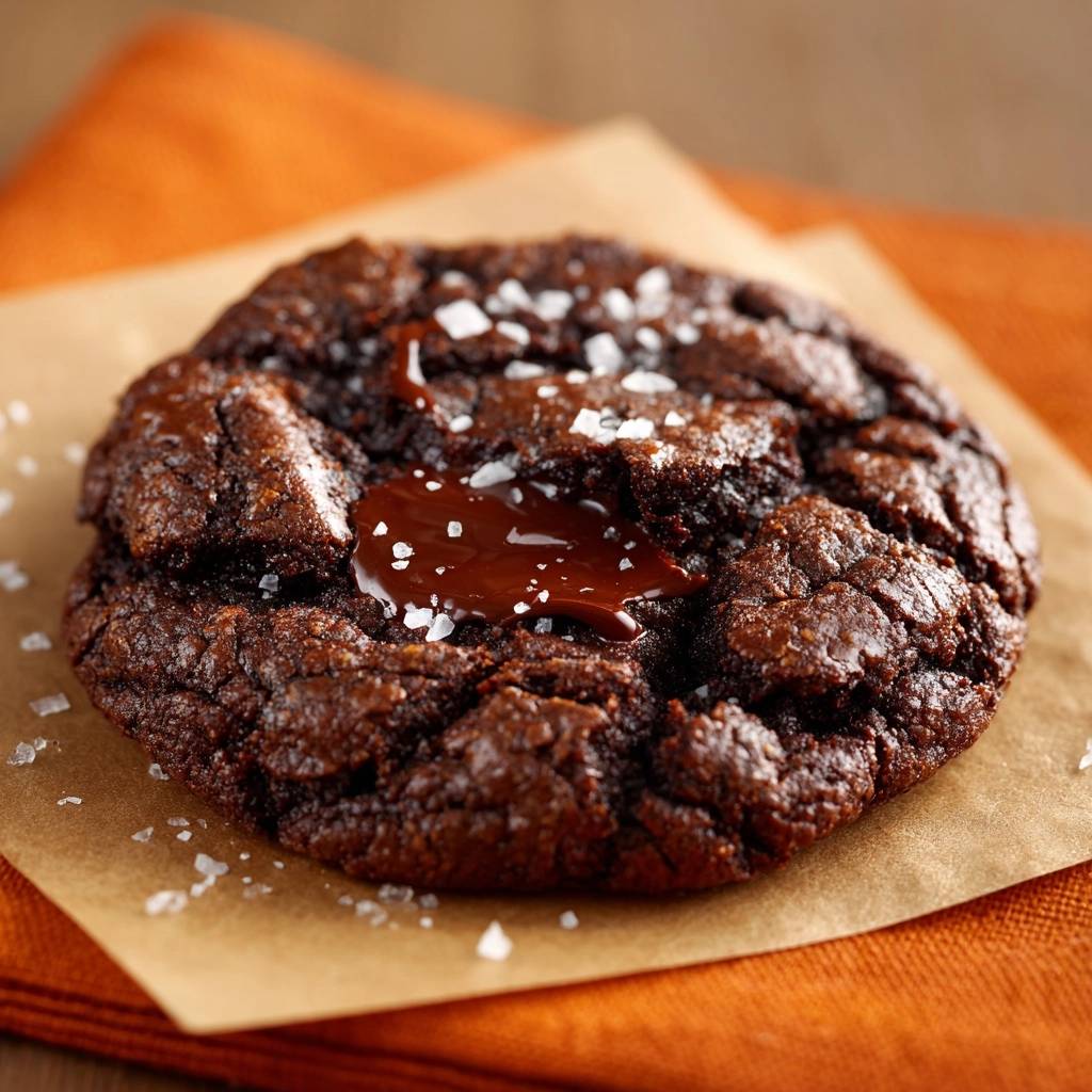 Sea Salt Caramel Stuffed Chocolate Cookies with a close-up view showcasing its rich texture and flaky sea salt topping.