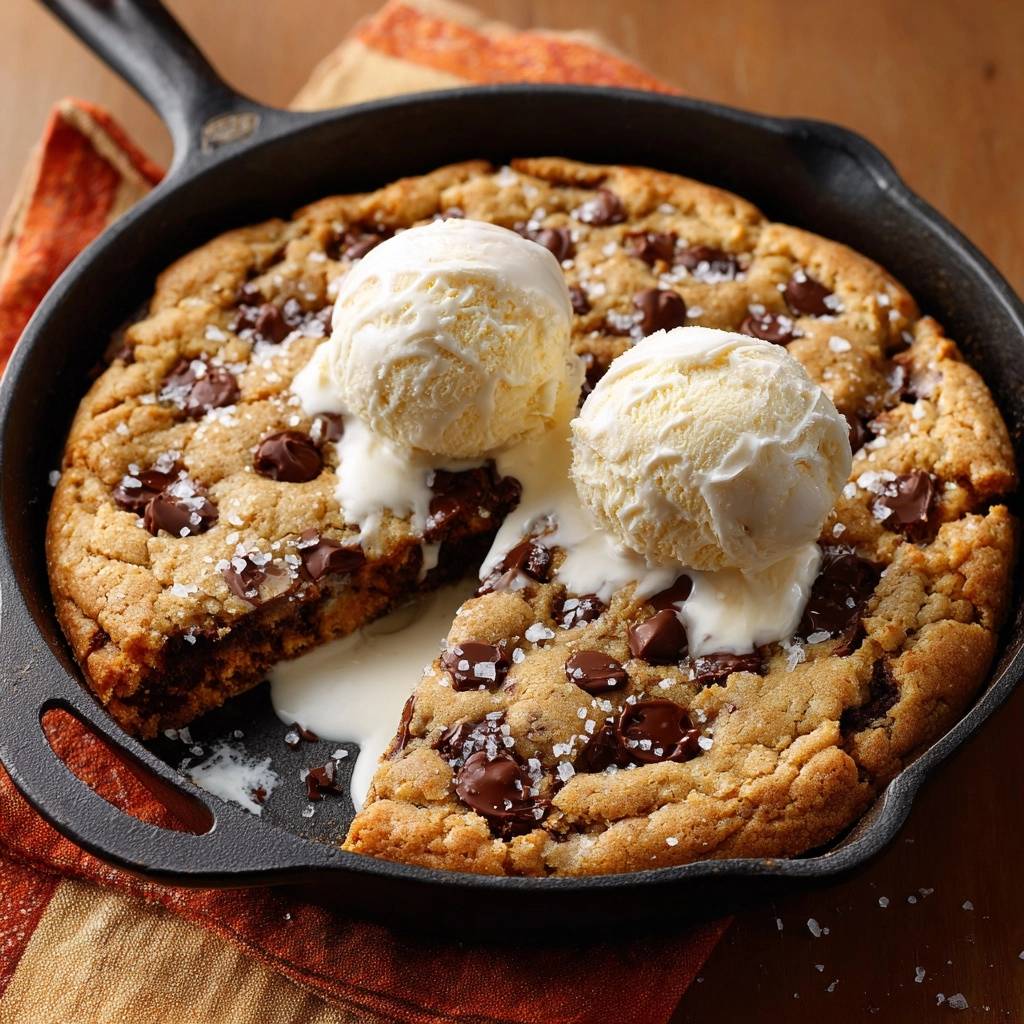 Sea salt chocolate chip skillet cookie with two scoops of melting vanilla ice cream in a cast iron pan.