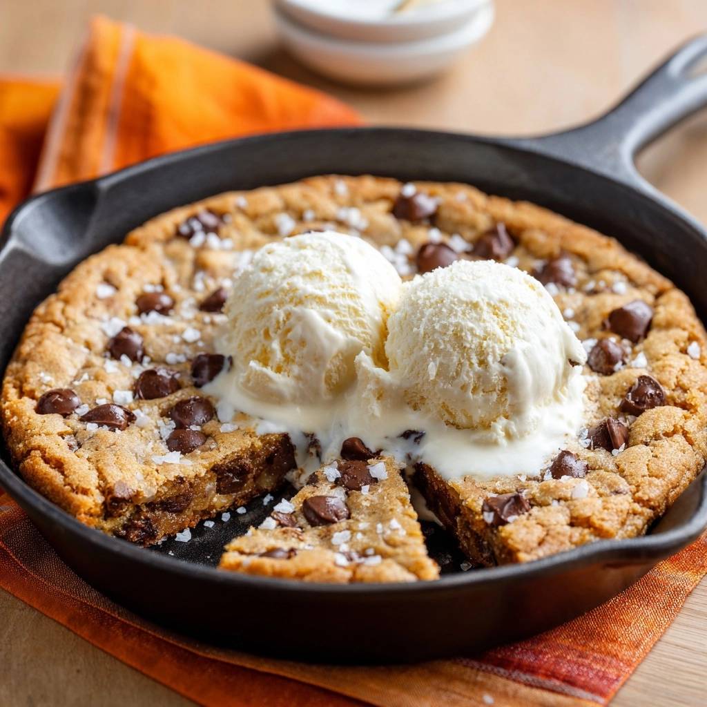 Sea salt chocolate chip skillet cookie sliced and topped with melting vanilla ice cream in a cast iron pan.