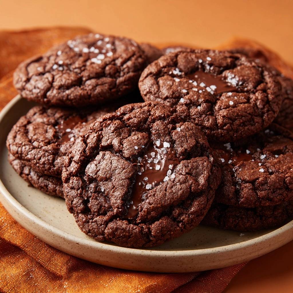 Sea salt chocolate cookies with gooey centers, a close-up view showing the melted chocolate and flaky sea salt.