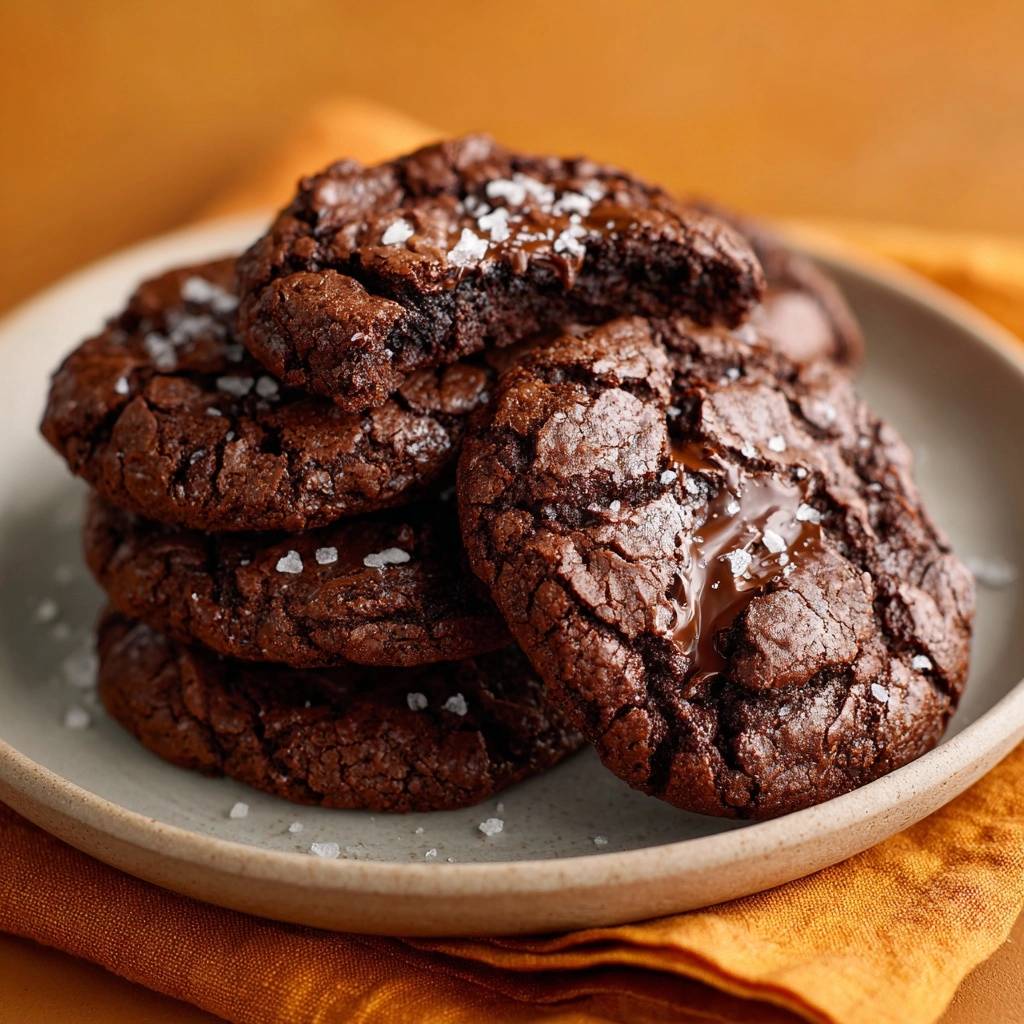 Sea salt chocolate cookies with gooey centers, shown in a close-up view revealing the melty chocolate interior and flaky sea salt topping.