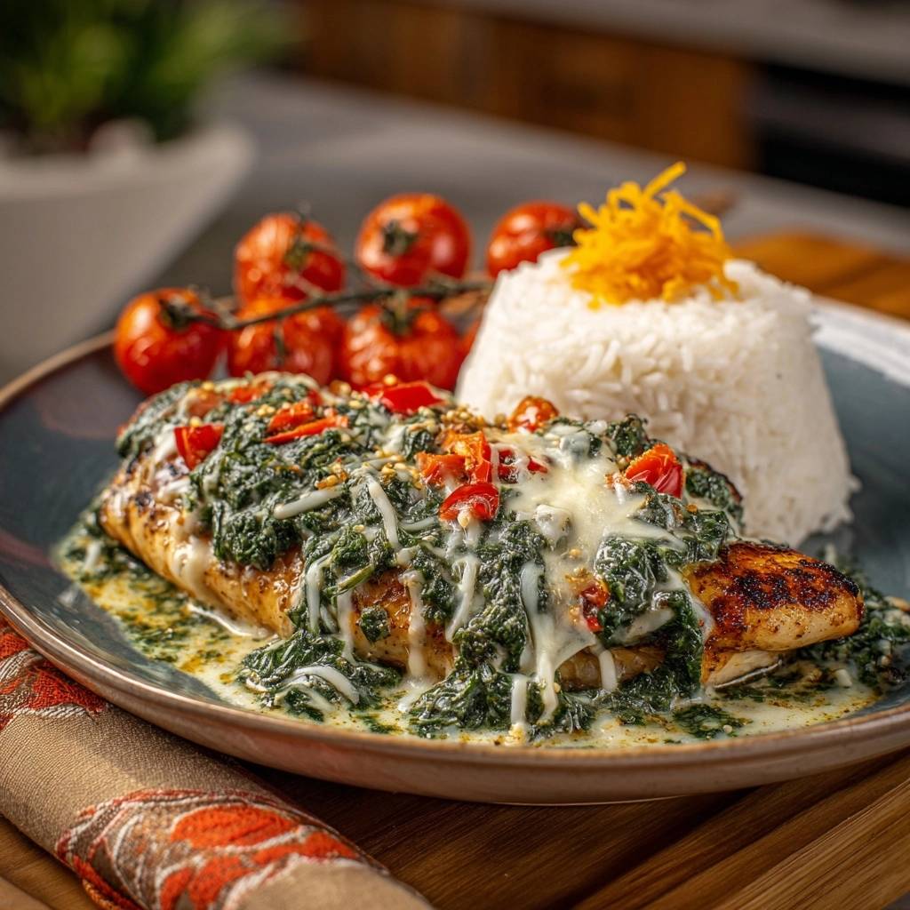 Seared fish with cheesy spinach sauce plated with rice and cherry tomatoes, shown from a side view.