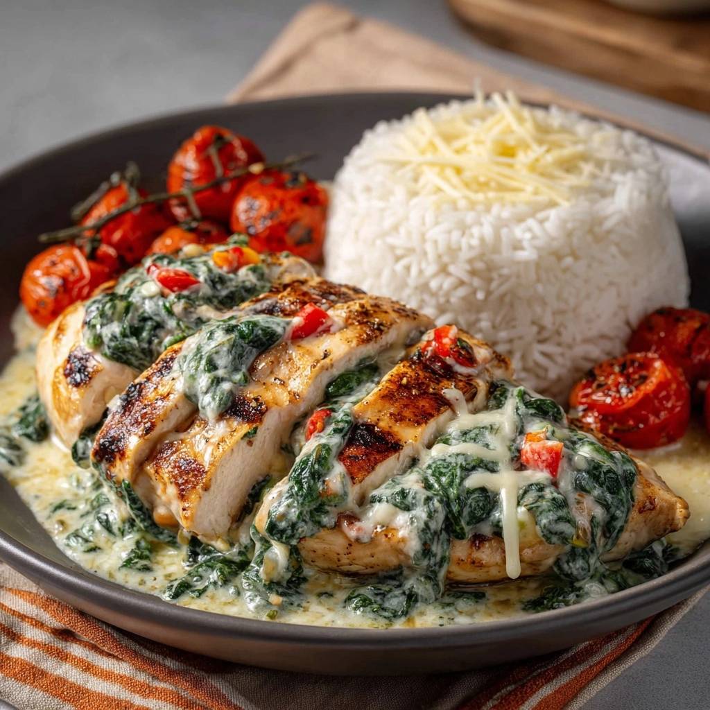 Seared fish with cheesy spinach sauce, sliced and served with rice and cherry tomatoes.