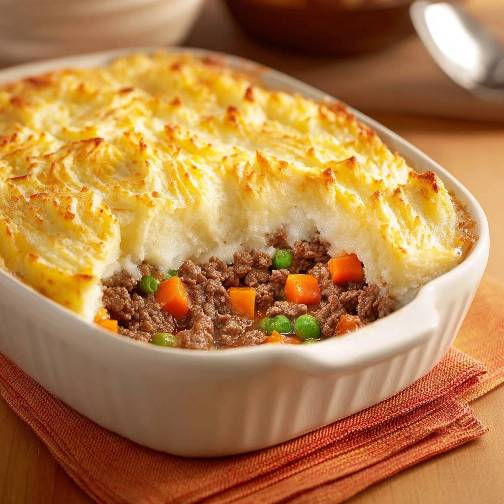 Shepherds pie with crispy golden topping shown in a cross-section, revealing the savory meat and vegetable filling beneath.