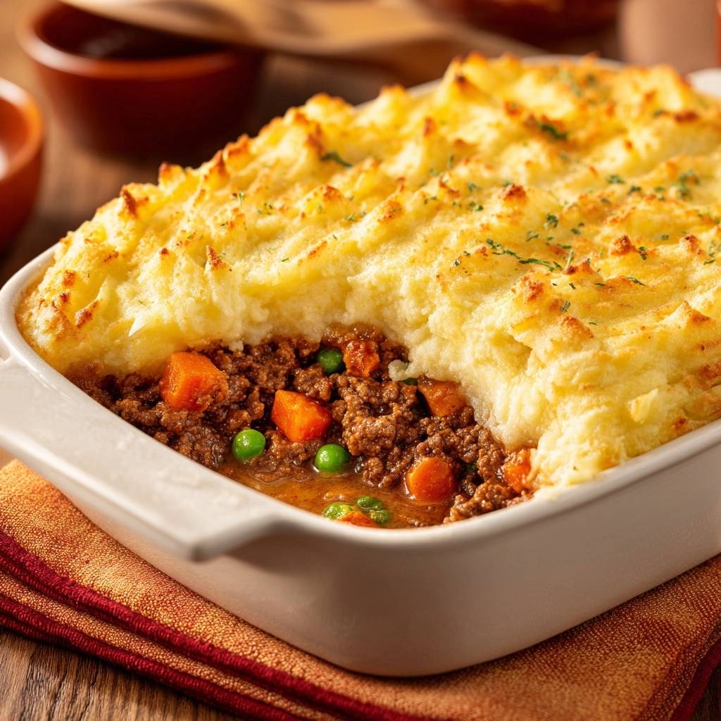 Shepherds pie with crispy golden topping shown in a cross-section revealing the meat and vegetable filling.
