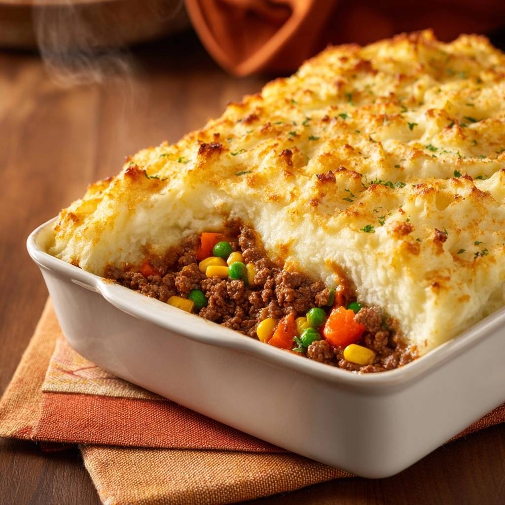 Shepherd's Pie with Crispy Golden Topping shown in a cross-section revealing the meat and vegetable filling.