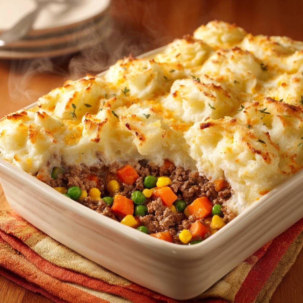 Shepherd's pie with a crispy golden topping shown in a close-up cross-section, revealing the meat and vegetable filling.