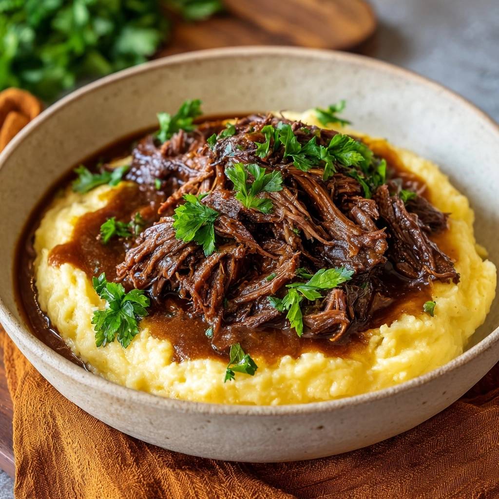Shredded beef gravy over creamy mashed potatoes, close-up showing the rich sauce and fresh parsley garnish.