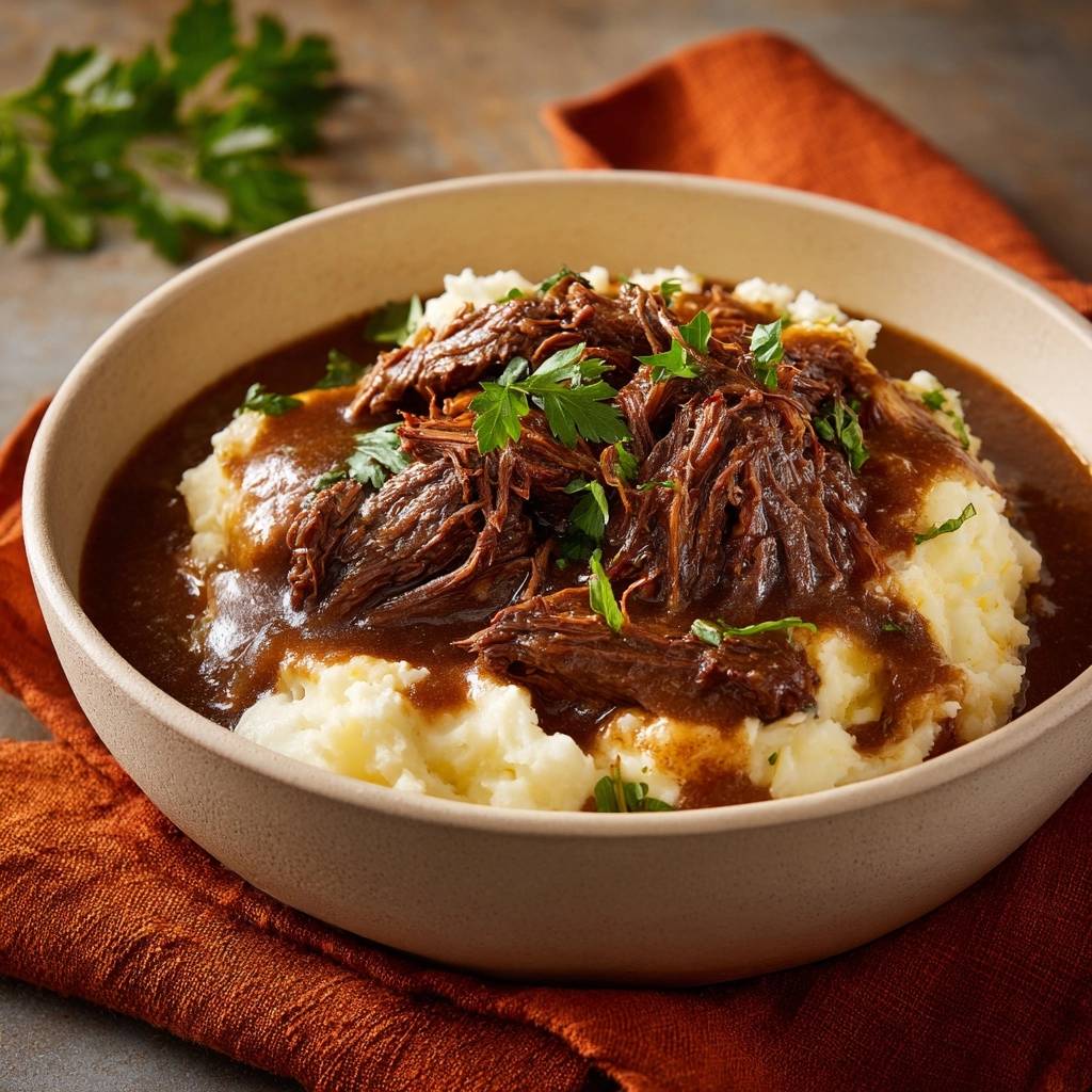 Shredded beef gravy over creamy mashed potatoes in a close-up bowl, garnished with fresh parsley.
