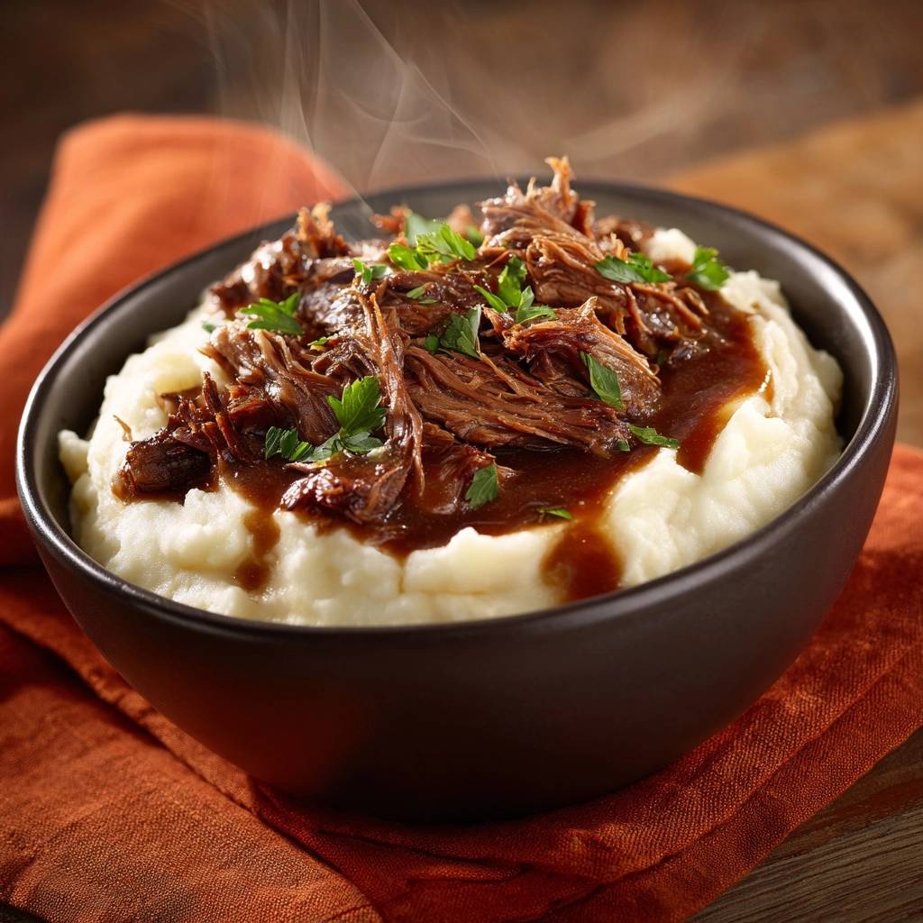 Shredded beef over creamy mashed potatoes served steaming in a dark bowl, garnished with parsley.