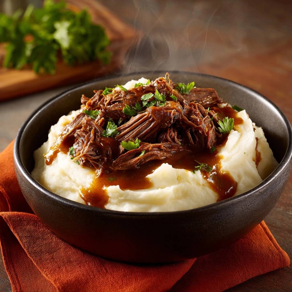 Shredded beef over creamy mashed potatoes, steaming and garnished with parsley in a bowl.
