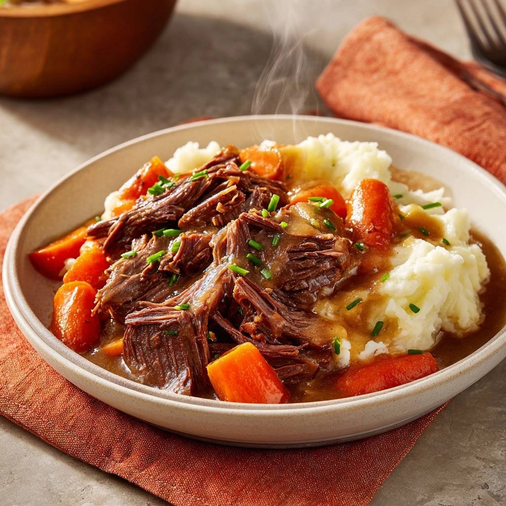 Tender shredded beef pot roast with carrots and mashed potatoes, steaming in a bowl with a close-up view.