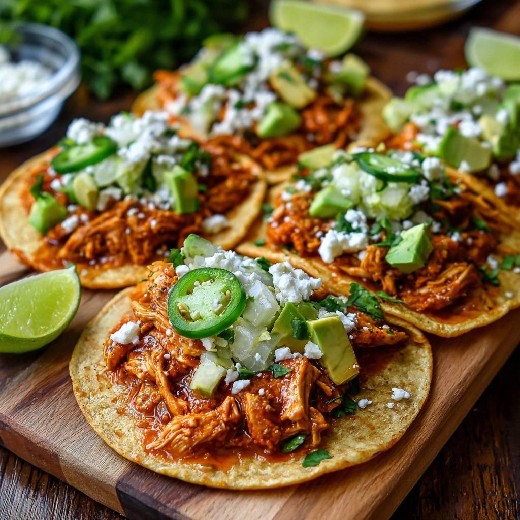 Shredded chicken tacos topped with avocado, jalapeños, and queso fresco, presented up close.