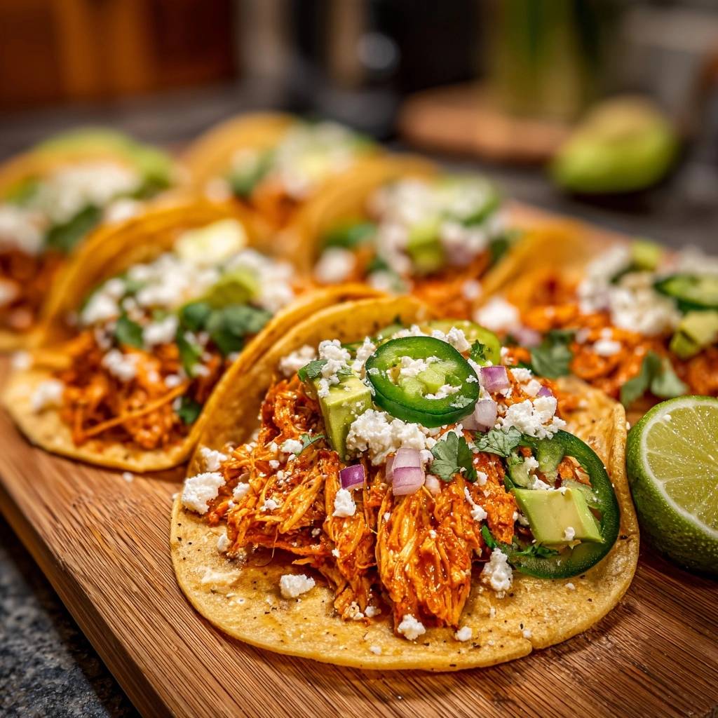 Shredded chicken tacos garnished with avocado, jalapeño, and cotija cheese on a wooden board.