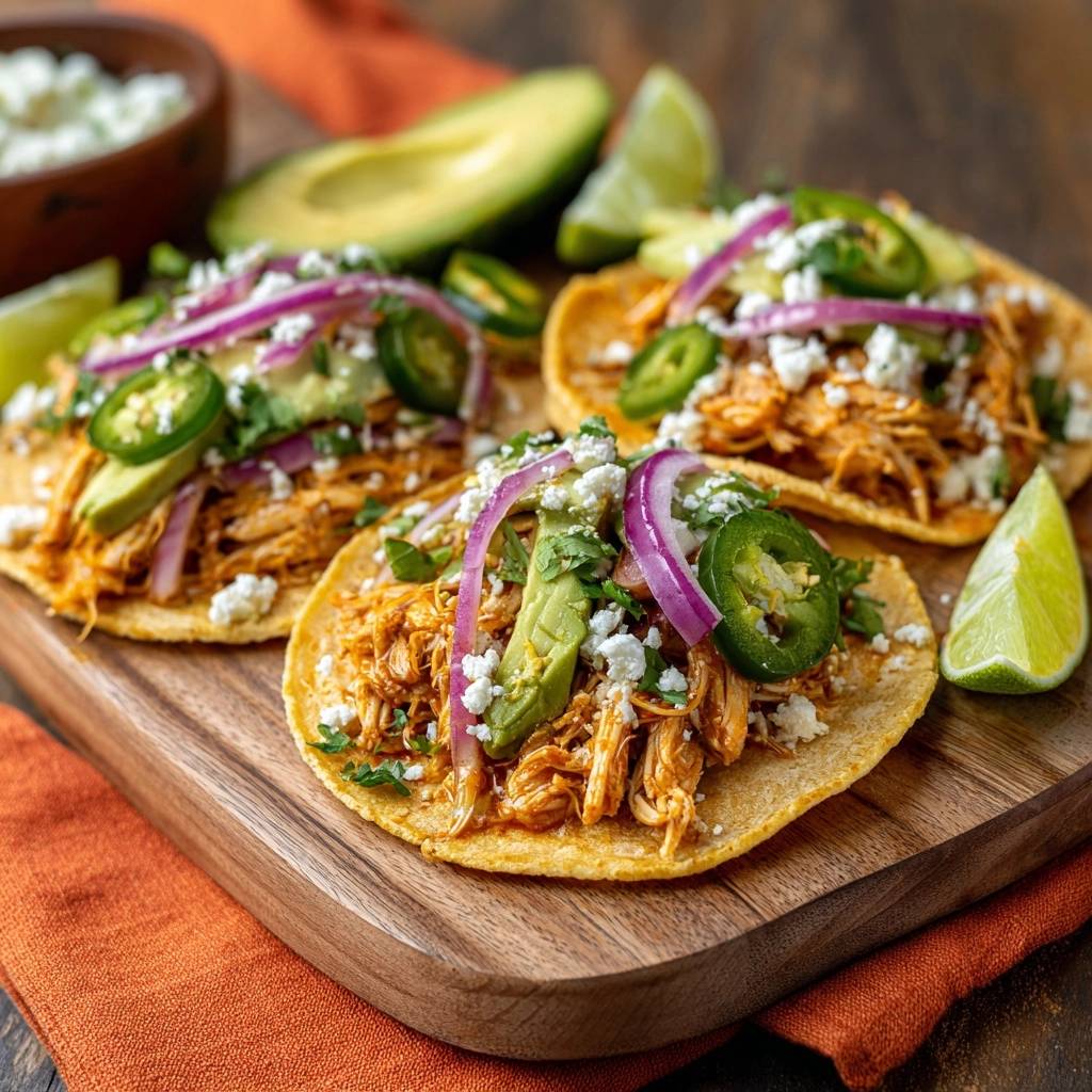 Shredded chicken tinga tacos garnished with avocado, jalapeños, and queso fresco on a wooden board.