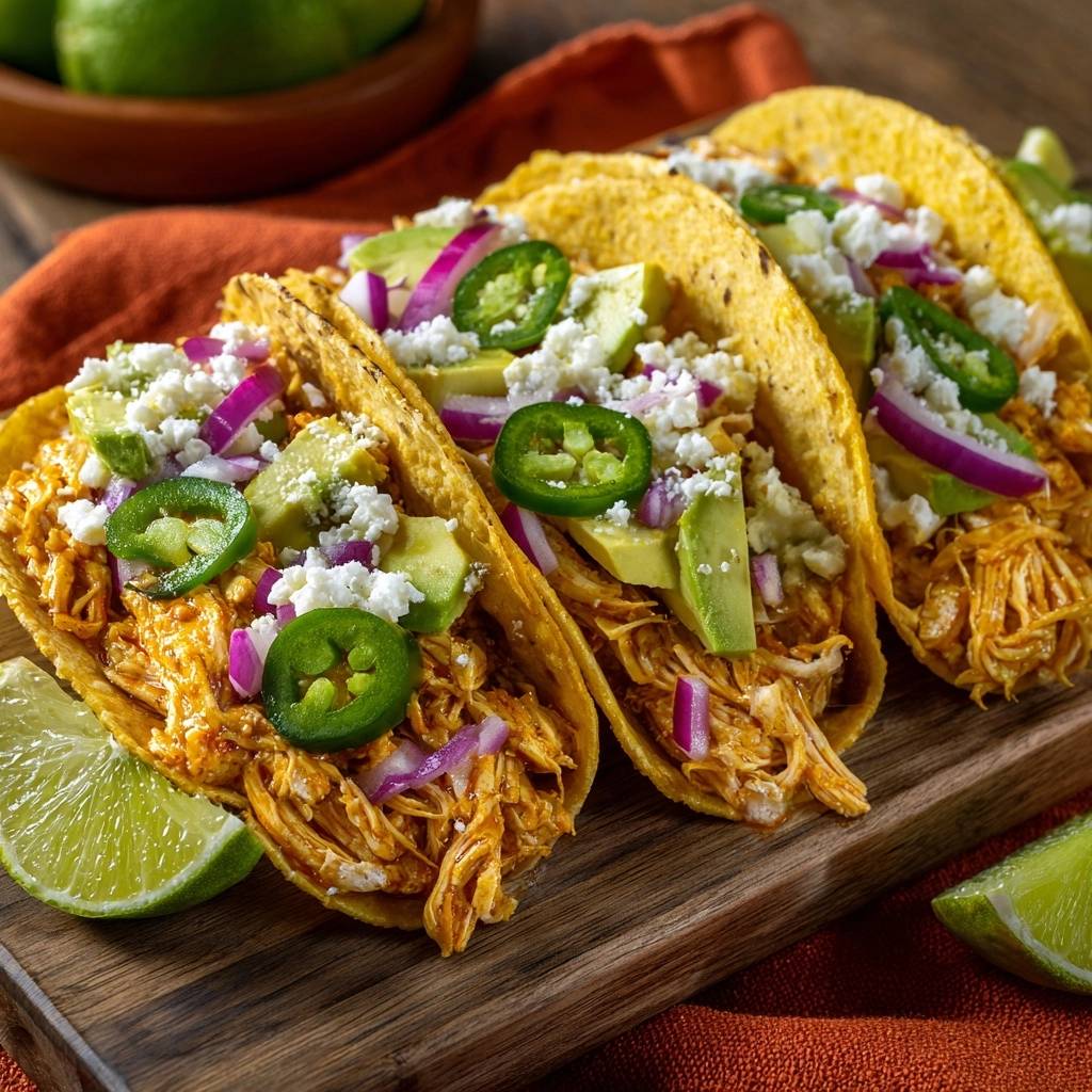 Shredded chicken tinga tacos with avocado, jalapeño, and queso fresco, presented in a close-up view of three.