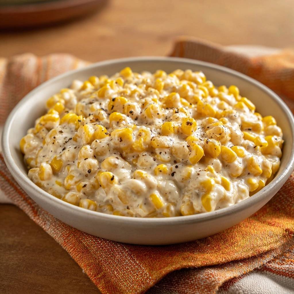 Silky creamed corn in a bowl, a close-up showing the creamy texture and flecks of black pepper.