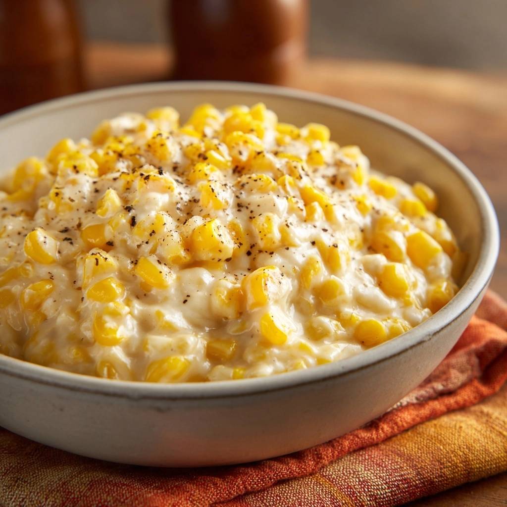 Silky creamed corn in a bowl, showcasing its smooth, creamy texture and sprinkled with black pepper.