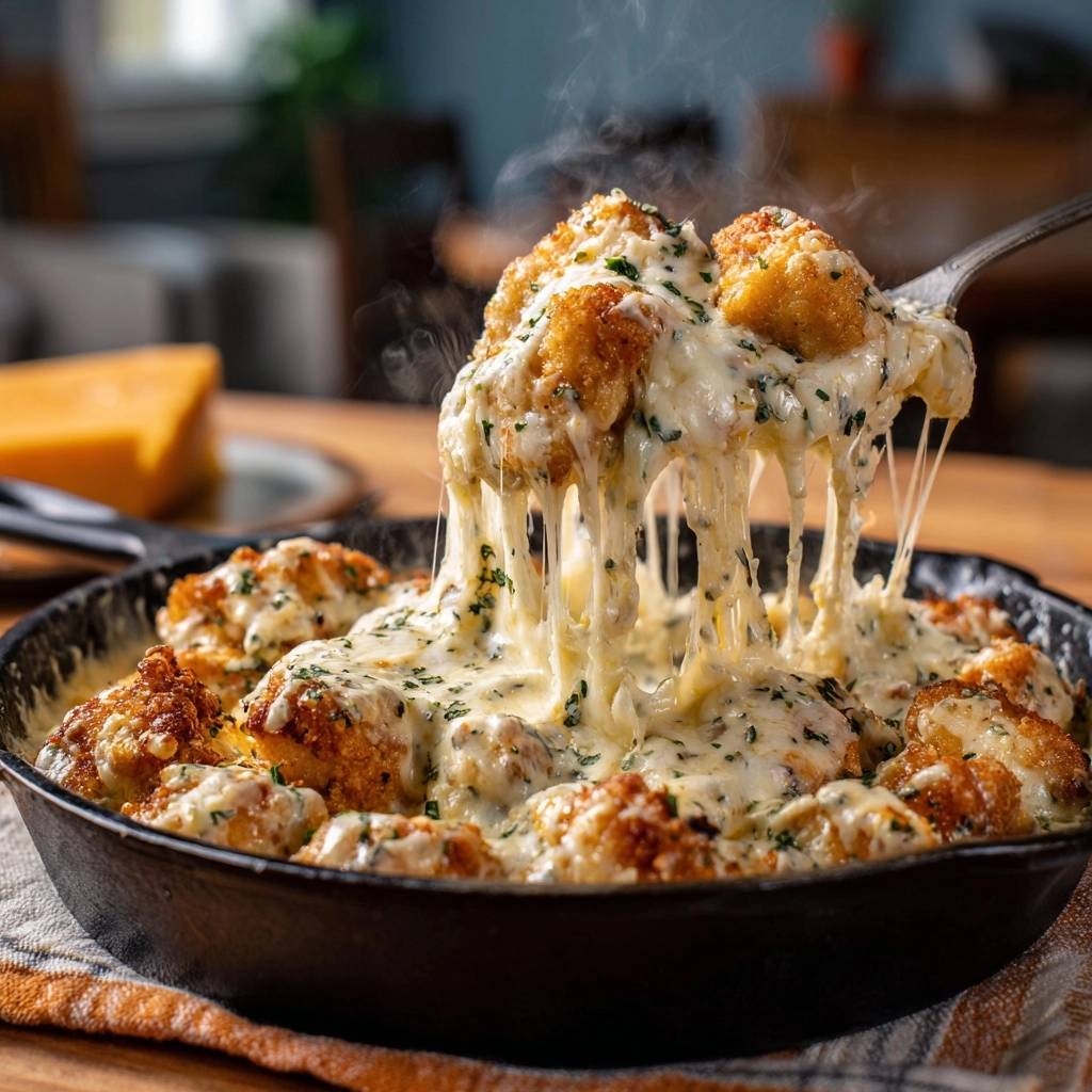 Skillet cheesy cauliflower bites with a dramatic pull of melted cheese being lifted on a fork.