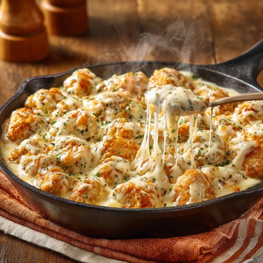 Skillet cheesy cauliflower bites featuring a dramatic gooey cheese pull from a wooden spoon.