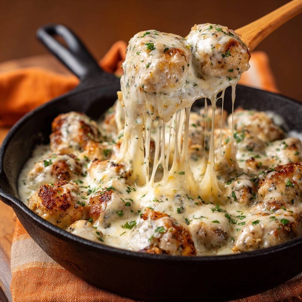 Skillet cheesy chicken meatballs with a gooey cheese pull being lifted by a wooden spoon in a cast iron pan.