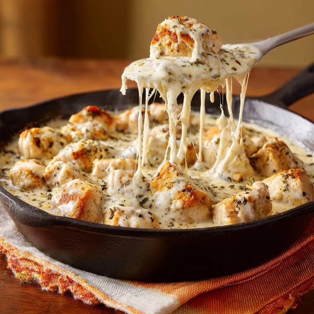Skillet cheesy chicken meatballs with melted cheese being lifted on a spoon, showing stretchy cheese strings.