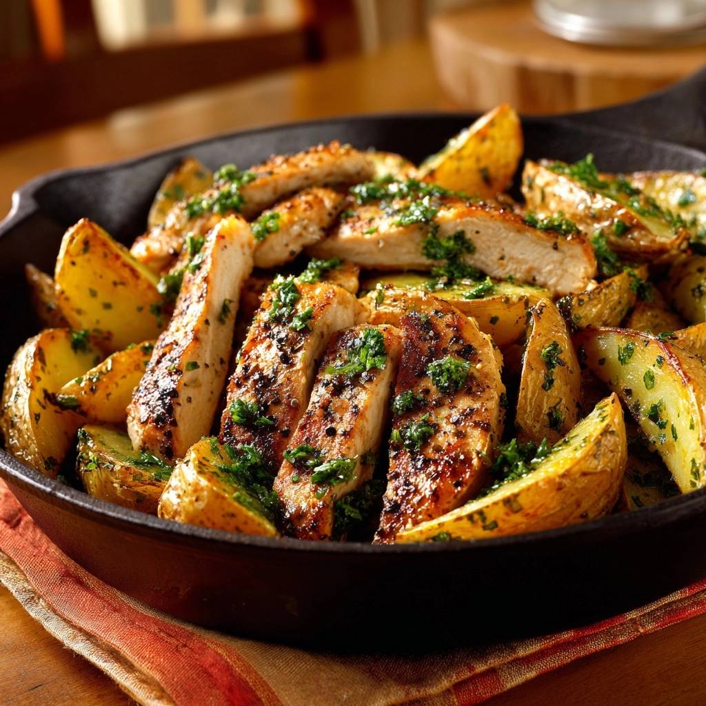 Skillet chicken and potato wedges with chimichurri, sliced and served in a cast iron pan.
