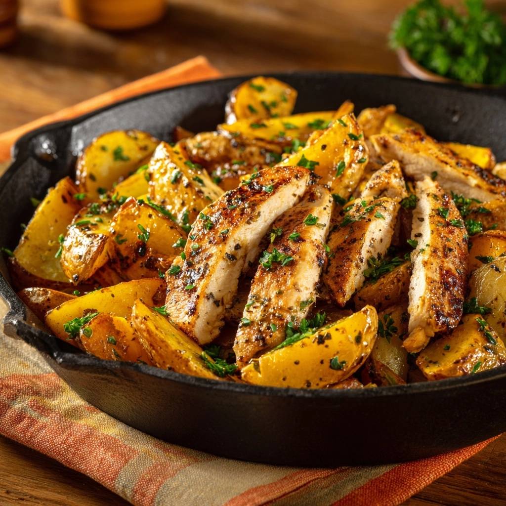 Skillet chicken and potato wedges with chimichurri served in a rustic cast-iron skillet, seasoned with herbs.
