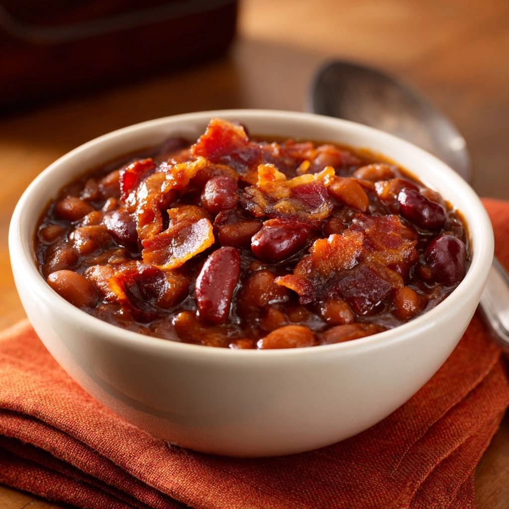 Smoky bacon baked beans with thick, clingy sauce served in a white bowl, a close-up view.