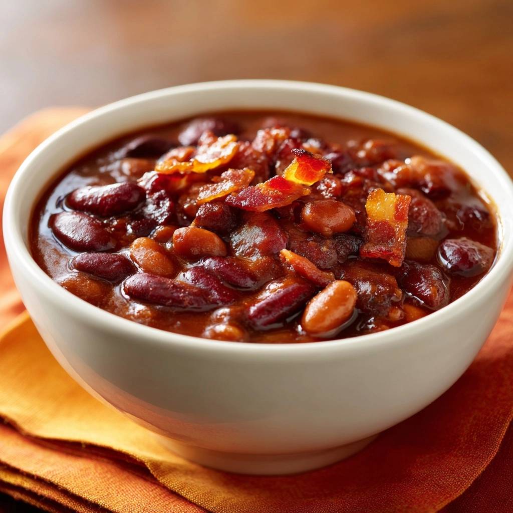 Smoky bacon baked beans with thick, clingy sauce served in a white bowl, showcasing the beans and bacon topping.