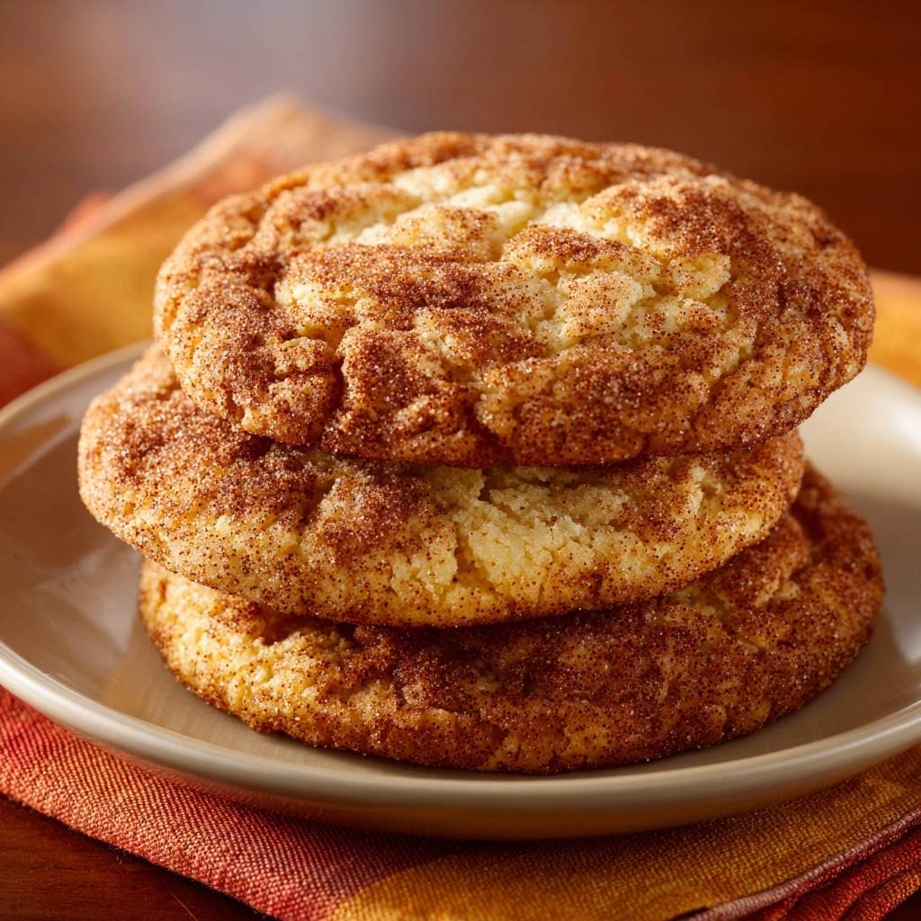 Snickerdoodle cookies stacked on a plate, coated in a generous amount of cinnamon sugar topping.