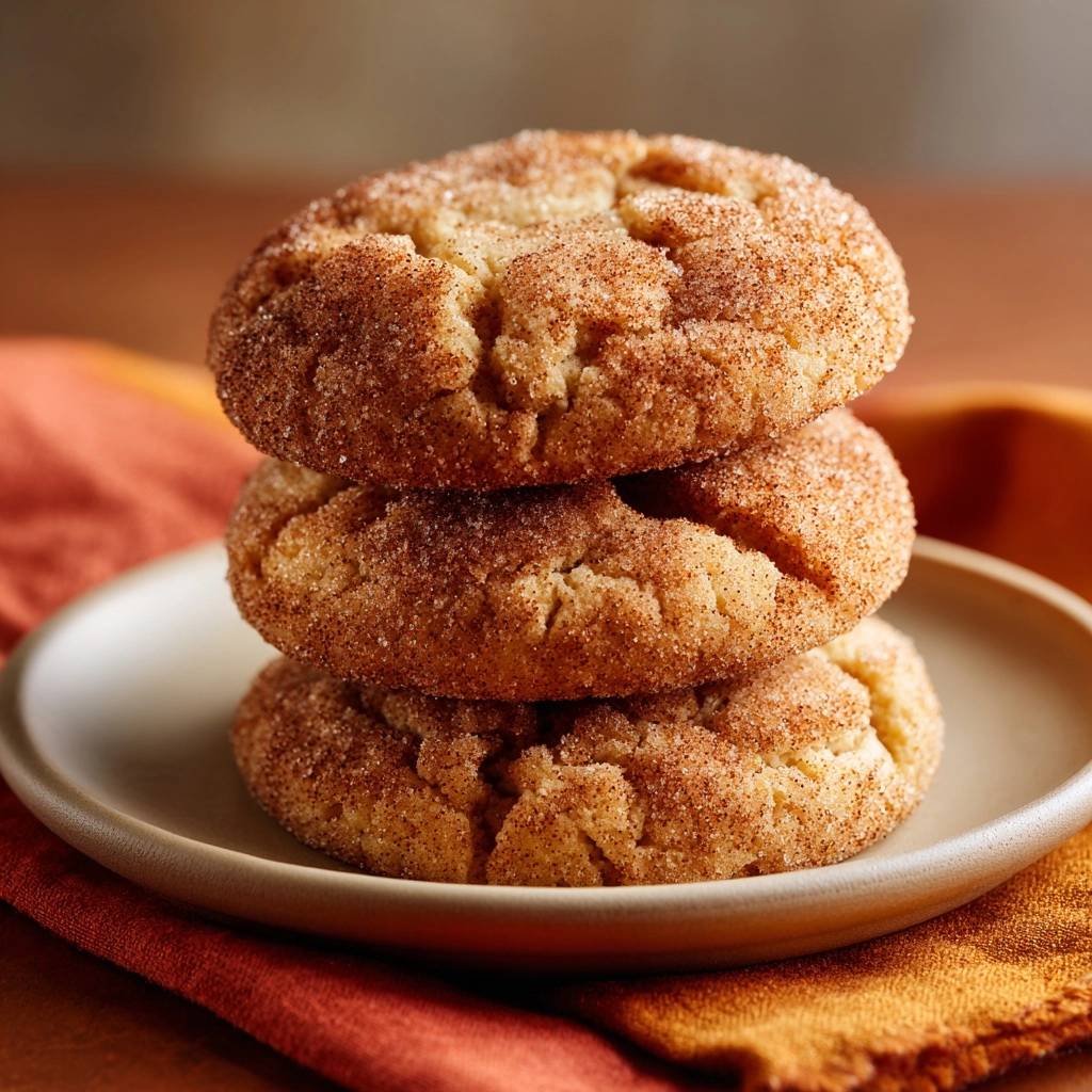 Snickerdoodle cookies stacked on a plate, showcasing their cinnamon-sugar coating and chewy texture.