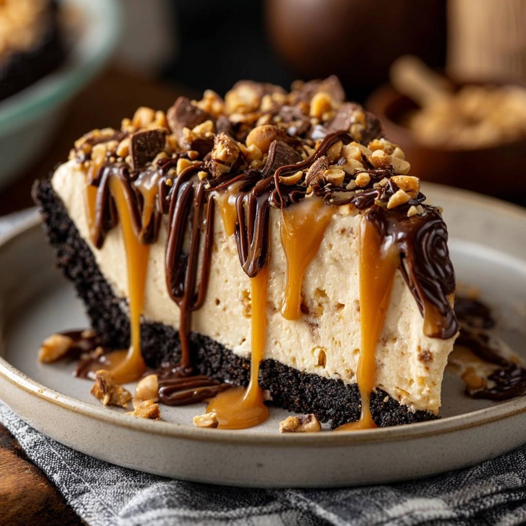 Snickers peanut butter cheesecake slice with thick drizzles of caramel and chocolate sauce.