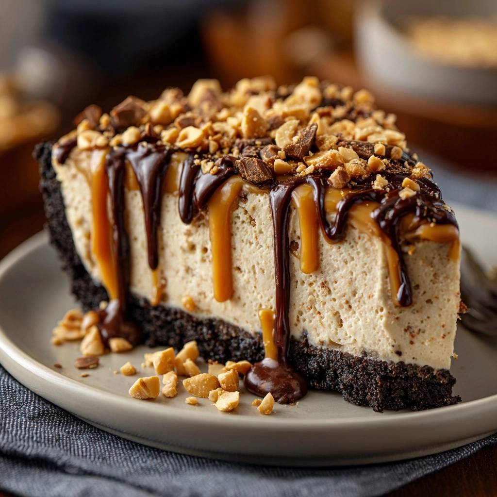 Snickers peanut butter cheesecake slice with chocolate and caramel drizzle, topped with chopped peanuts.
